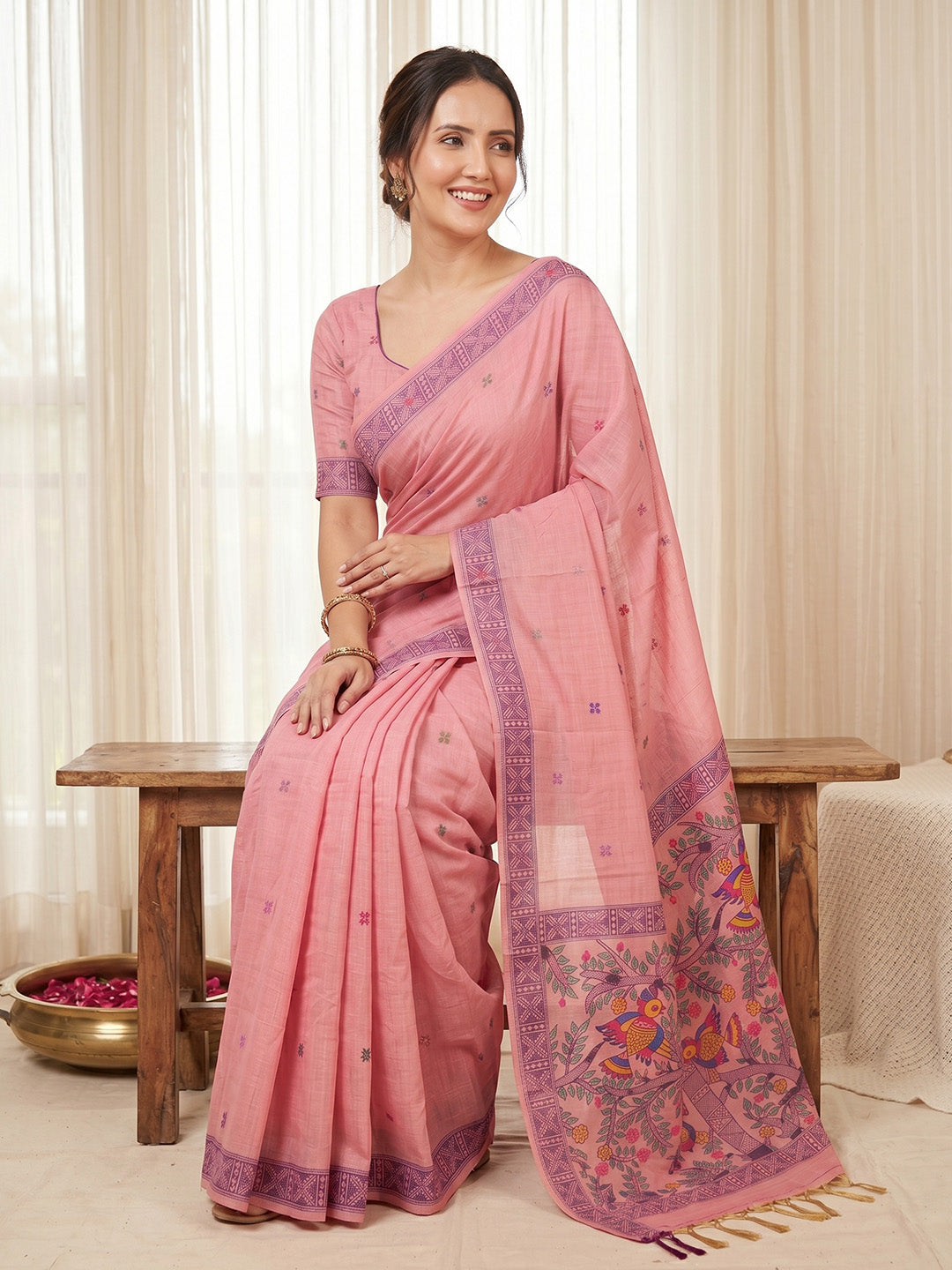 Pink Soft Muga Cotton with Kalamkari Style Bird Motif Narrative Pallu