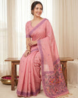 Pink Soft Muga Cotton with Kalamkari Style Bird Motif Narrative Pallu
