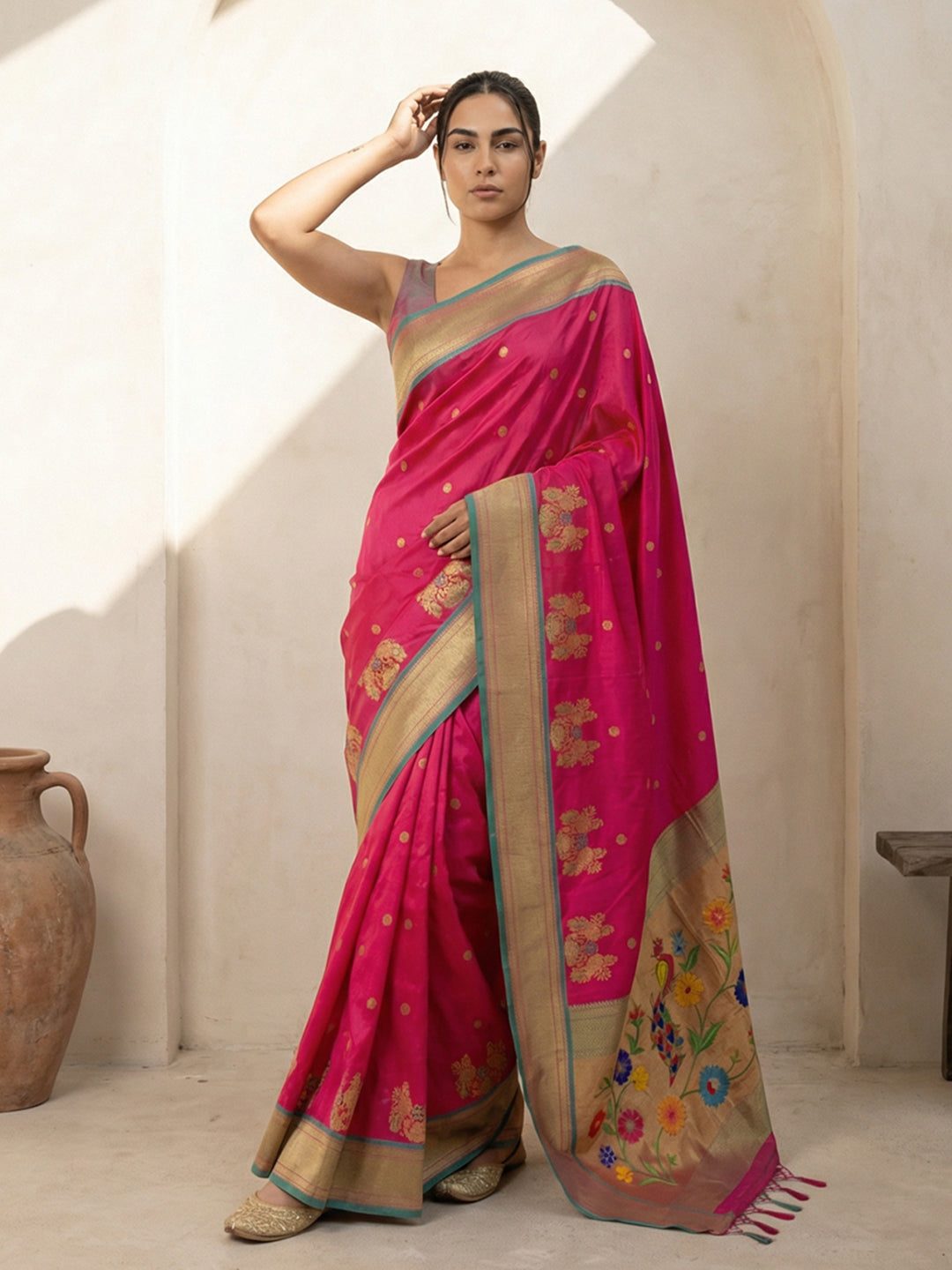 Pink Soft Traditional Paithani Silk Zari Woven Peacock Pattern Saree