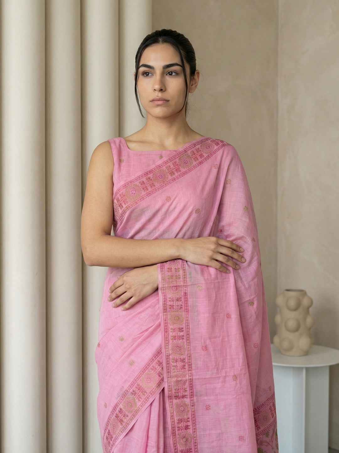 Pink Soft Muga Cotton with Handblock Kalamakri Pattern Saree