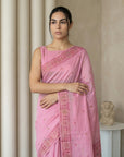 Pink Soft Muga Cotton with Handblock Kalamakri Pattern Saree