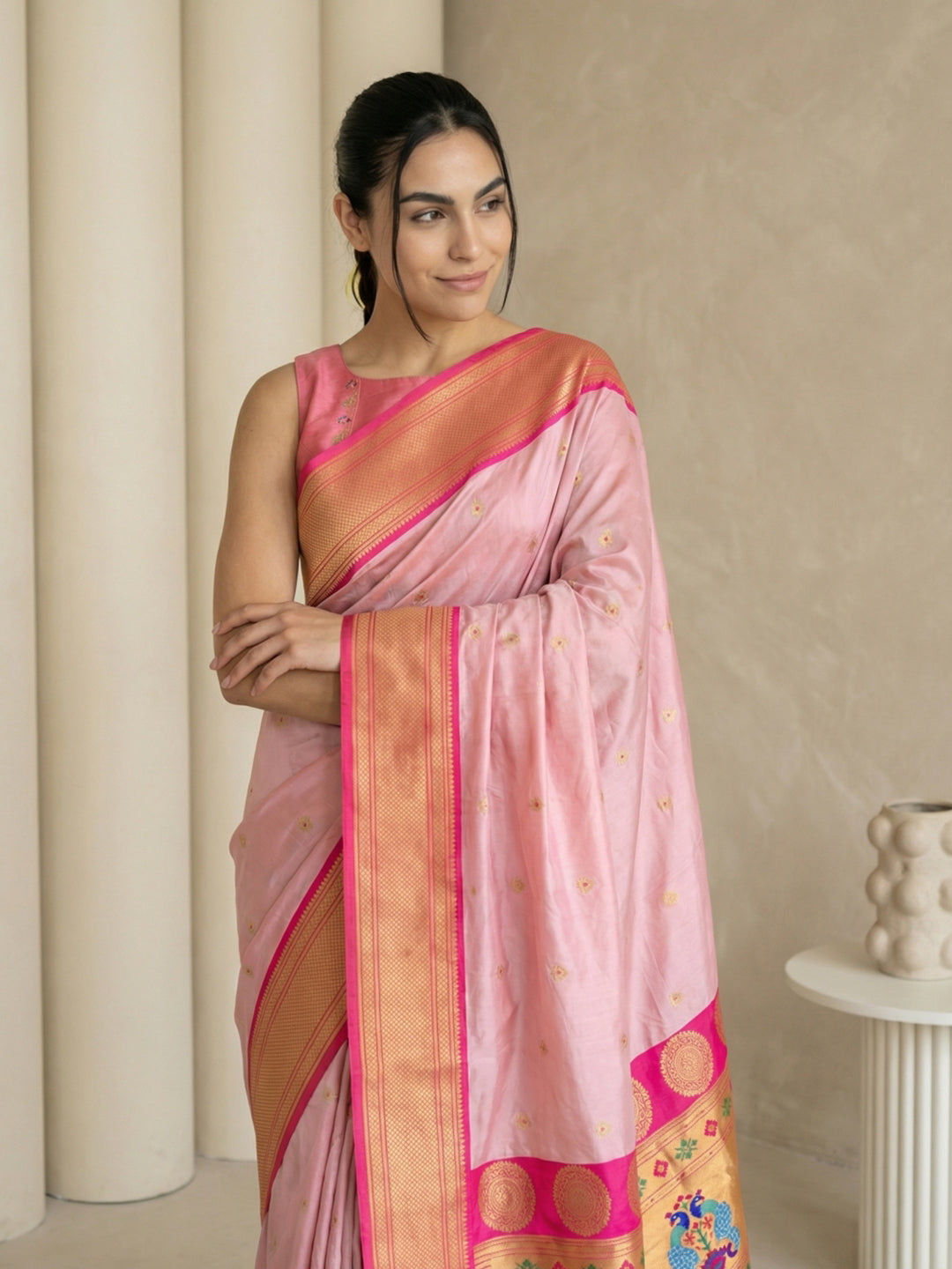 Baby Pink Soft Paithani Silk Zari Woven Saree with Peacock Pallu