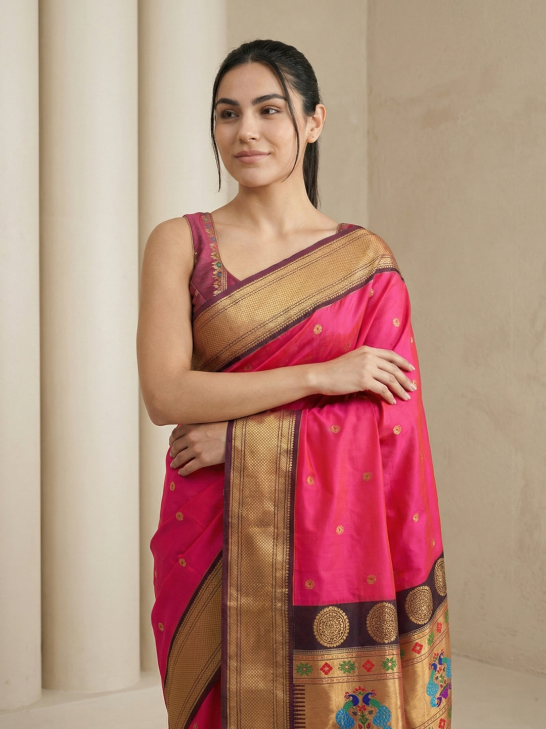 Pink Soft Paithani Silk Zari Woven Saree with Peacock Pallu