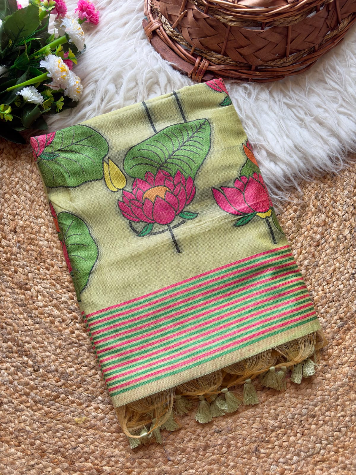 Pista Green Soft Flora Cotton Resham Saree with Lotus Pattern Saree