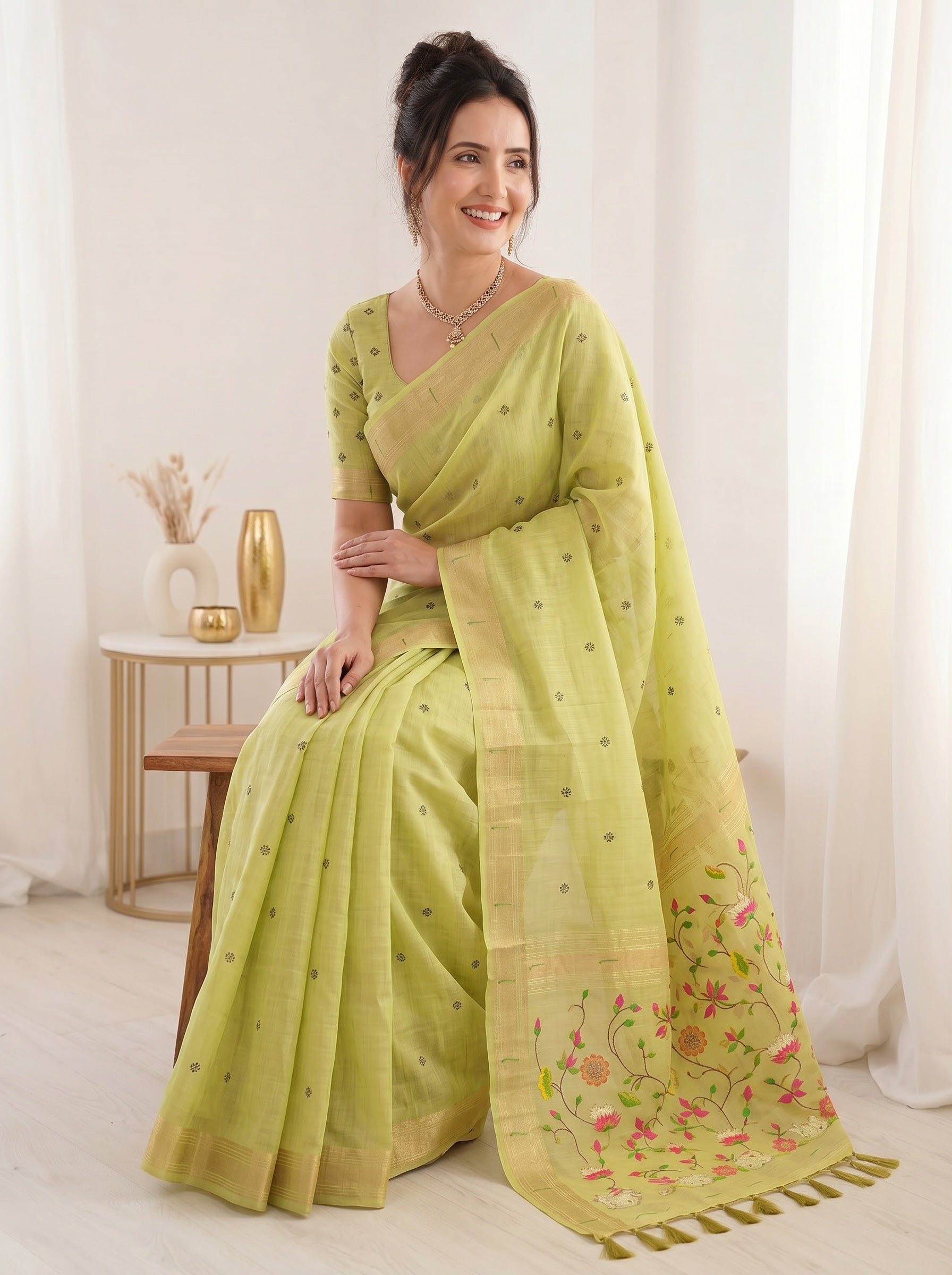 Pista Green Soft Linen Cotton Paithani Saree with Meenakari Pichwai Lotus Pallu