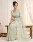 Pista Green Soft Raspberry Crush Silk Saree with Chikankari Work