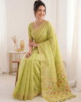 Pista Green Soft Linen Cotton Paithani Saree with Meenakari Pichwai Lotus Pallu