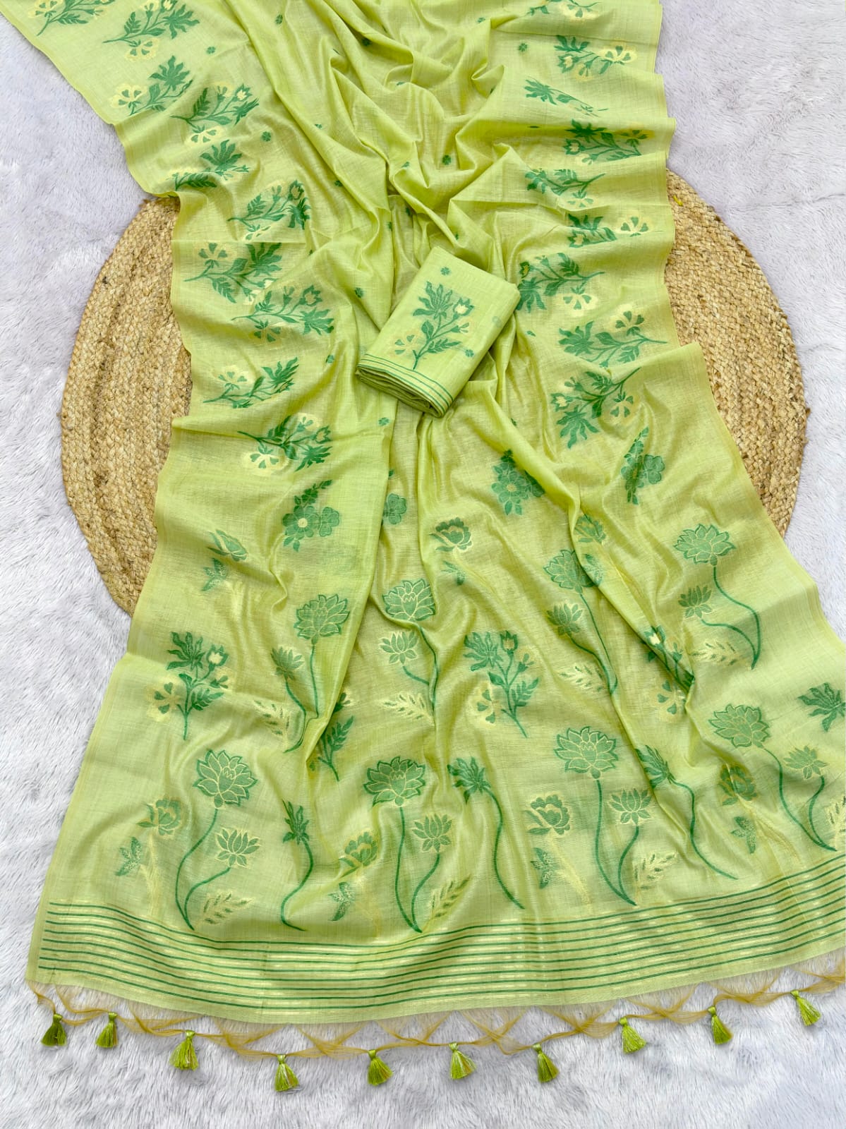 Pista Green Soft Muga Cotton Saree with Floral Pattern Saree