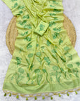 Pista Green Soft Muga Cotton Saree with Floral Pattern Saree