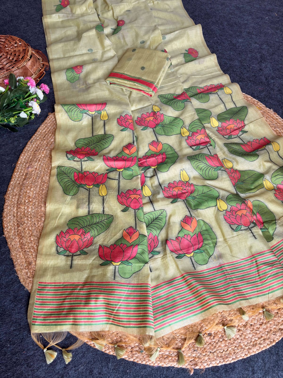Pista Green Soft Flora Cotton Resham Saree with Lotus Pattern Saree
