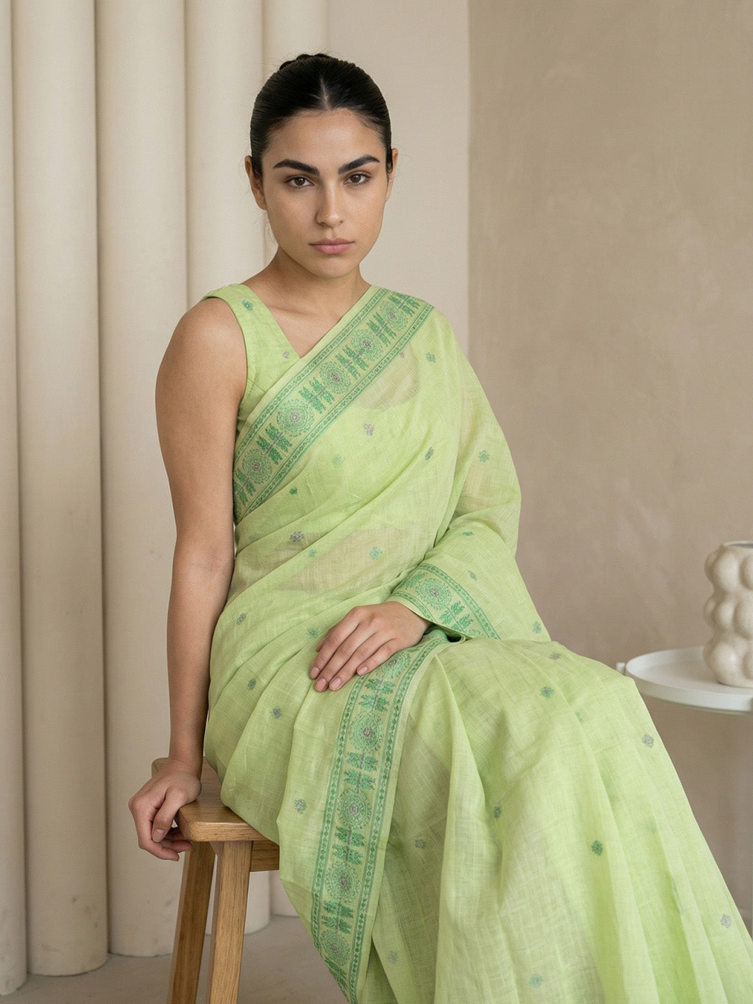 Pista Green Soft Muga Cotton with Handblock Kalamakri Pattern Saree