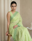Pista Green Soft Muga Cotton with Handblock Kalamakri Pattern Saree