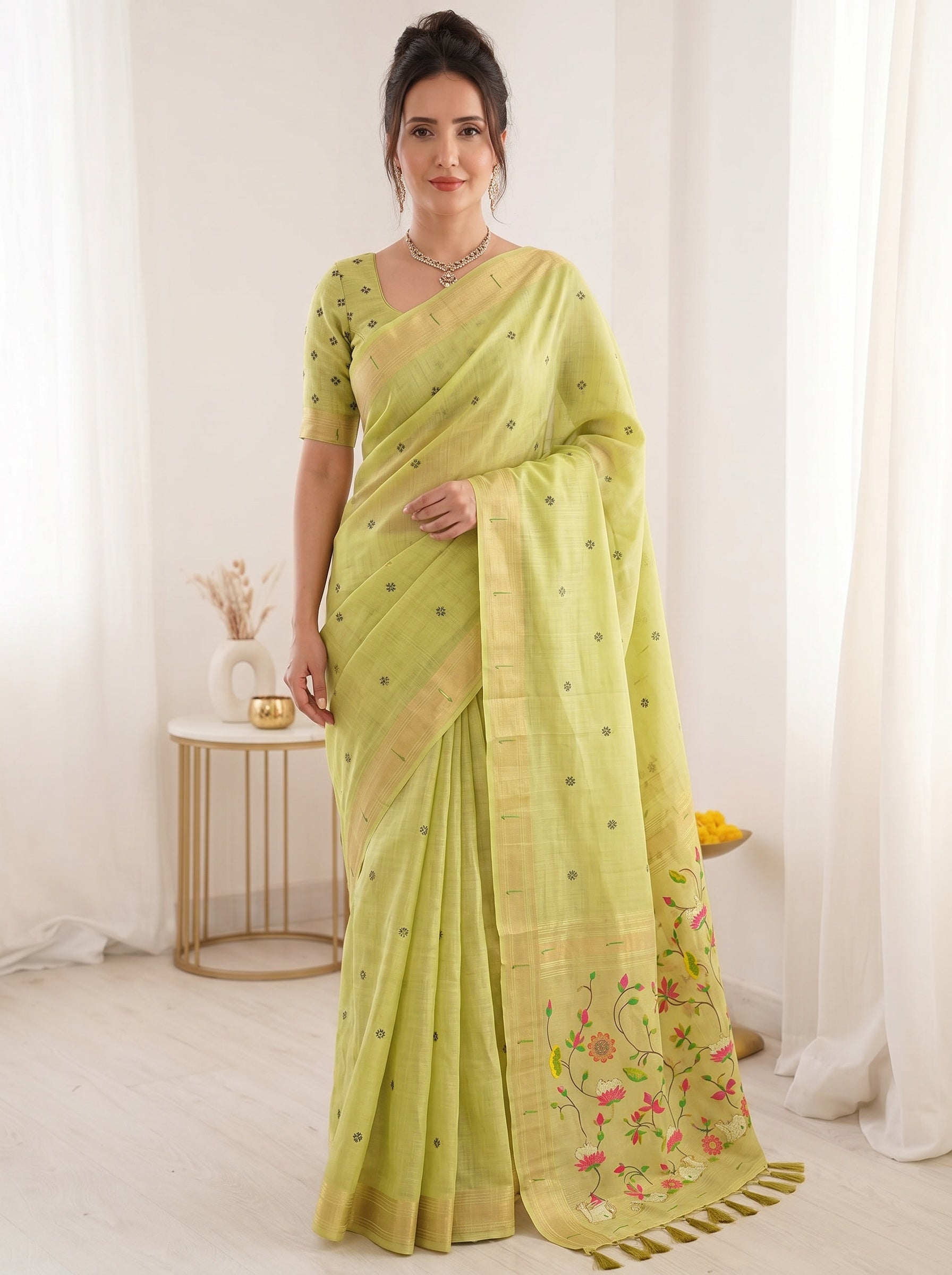 Pista Green Soft Linen Cotton Paithani Saree with Meenakari Pichwai Lotus Pallu