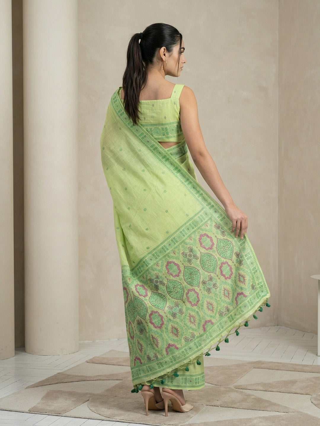 Pista Green Soft Muga Cotton with Handblock Kalamakri Pattern Saree
