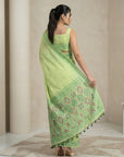 Pista Green Soft Muga Cotton with Handblock Kalamakri Pattern Saree