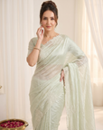 Pista Green Soft Raspberry Crush Silk Saree with Chikankari Work