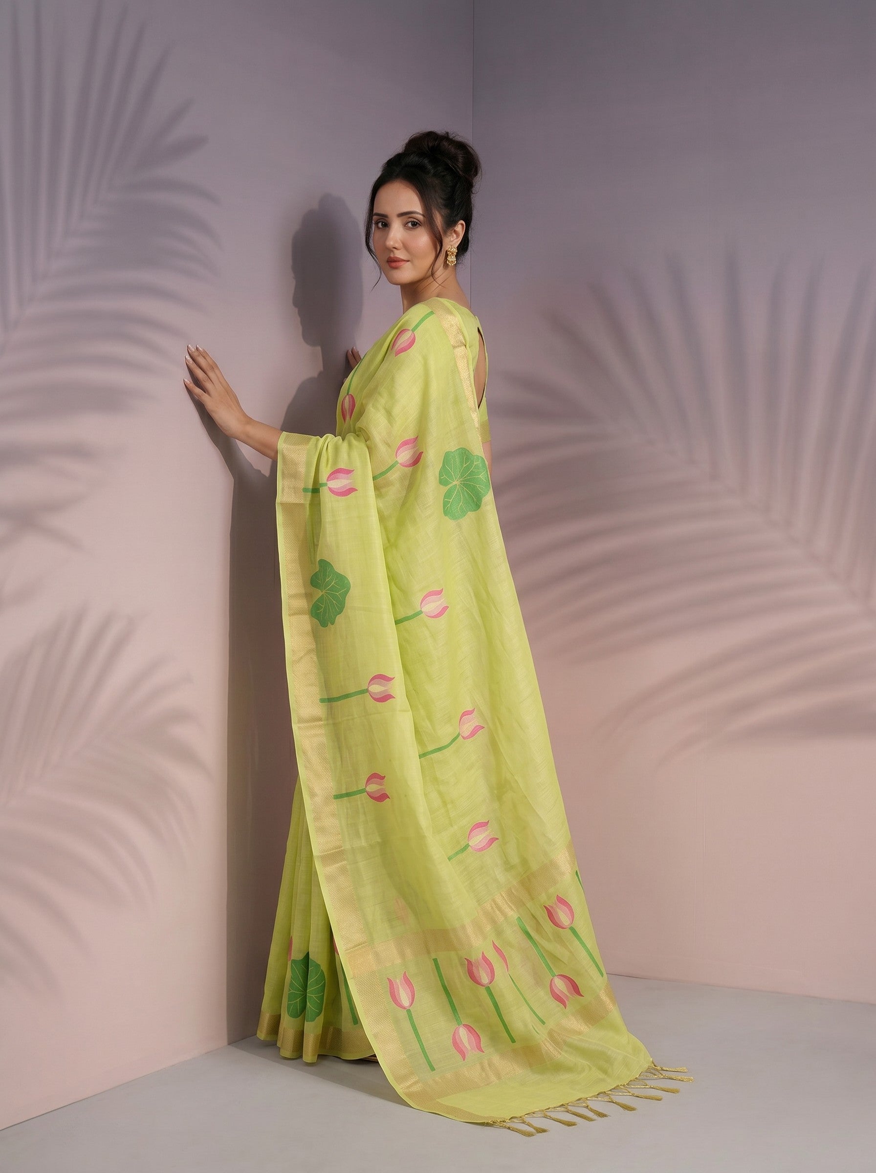 Pista Green Premium Soft Linen Cotton with Lotus &amp; Leafs Pattern Saree