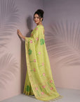 Pista Green Premium Soft Linen Cotton with Lotus & Leafs Pattern Saree