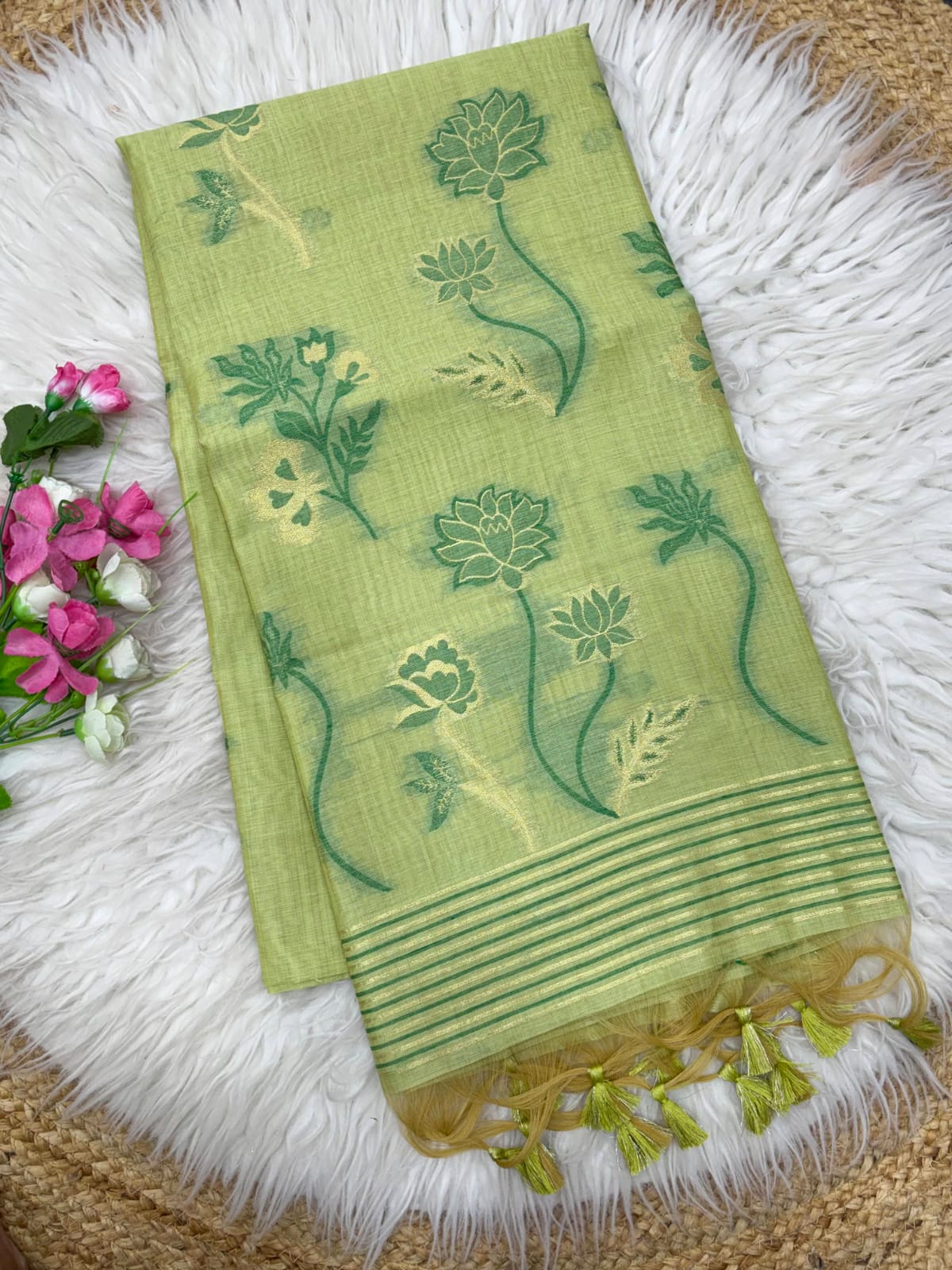 Pista Green Soft Muga Cotton Saree with Floral Pattern Saree