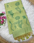 Pista Green Soft Muga Cotton Saree with Floral Pattern Saree