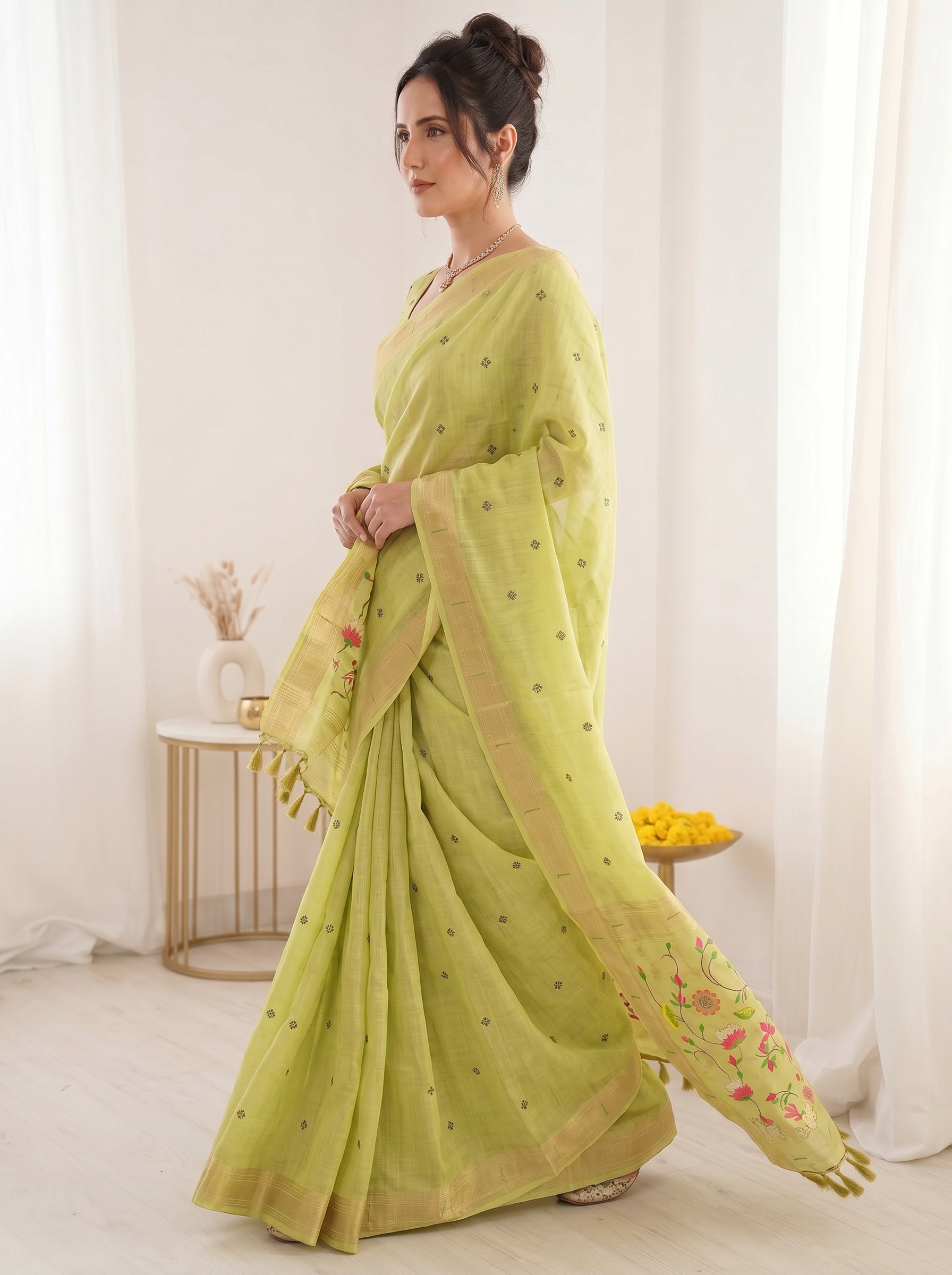 Pista Green Soft Linen Cotton Paithani Saree with Meenakari Pichwai Lotus Pallu