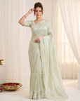 Pista Green Soft Raspberry Crush Silk Saree with Chikankari Work