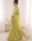 Pista Green Soft Linen Cotton Paithani Saree with Meenakari Pichwai Lotus Pallu