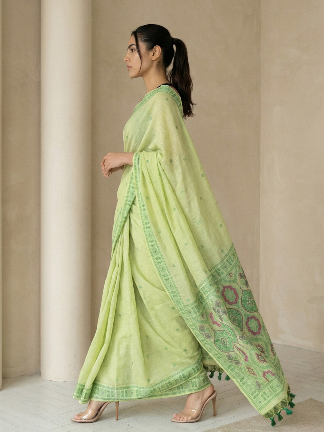 Pista Green Soft Muga Cotton with Handblock Kalamakri Pattern Saree