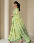 Pista Green Soft Muga Cotton with Handblock Kalamakri Pattern Saree