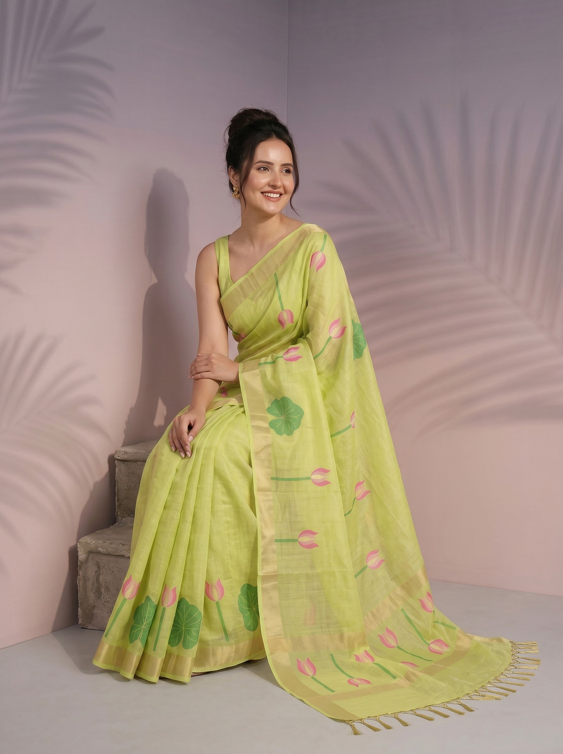 Pista Green Premium Soft Linen Cotton with Lotus &amp; Leafs Pattern Saree