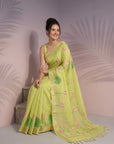Pista Green Premium Soft Linen Cotton with Lotus & Leafs Pattern Saree