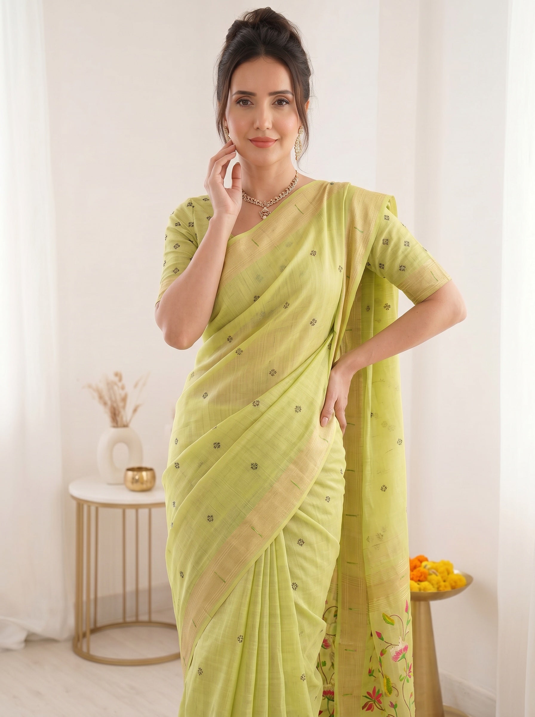Pista Green Soft Linen Cotton Paithani Saree with Meenakari Pichwai Lotus Pallu