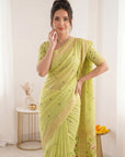 Pista Green Soft Linen Cotton Paithani Saree with Meenakari Pichwai Lotus Pallu
