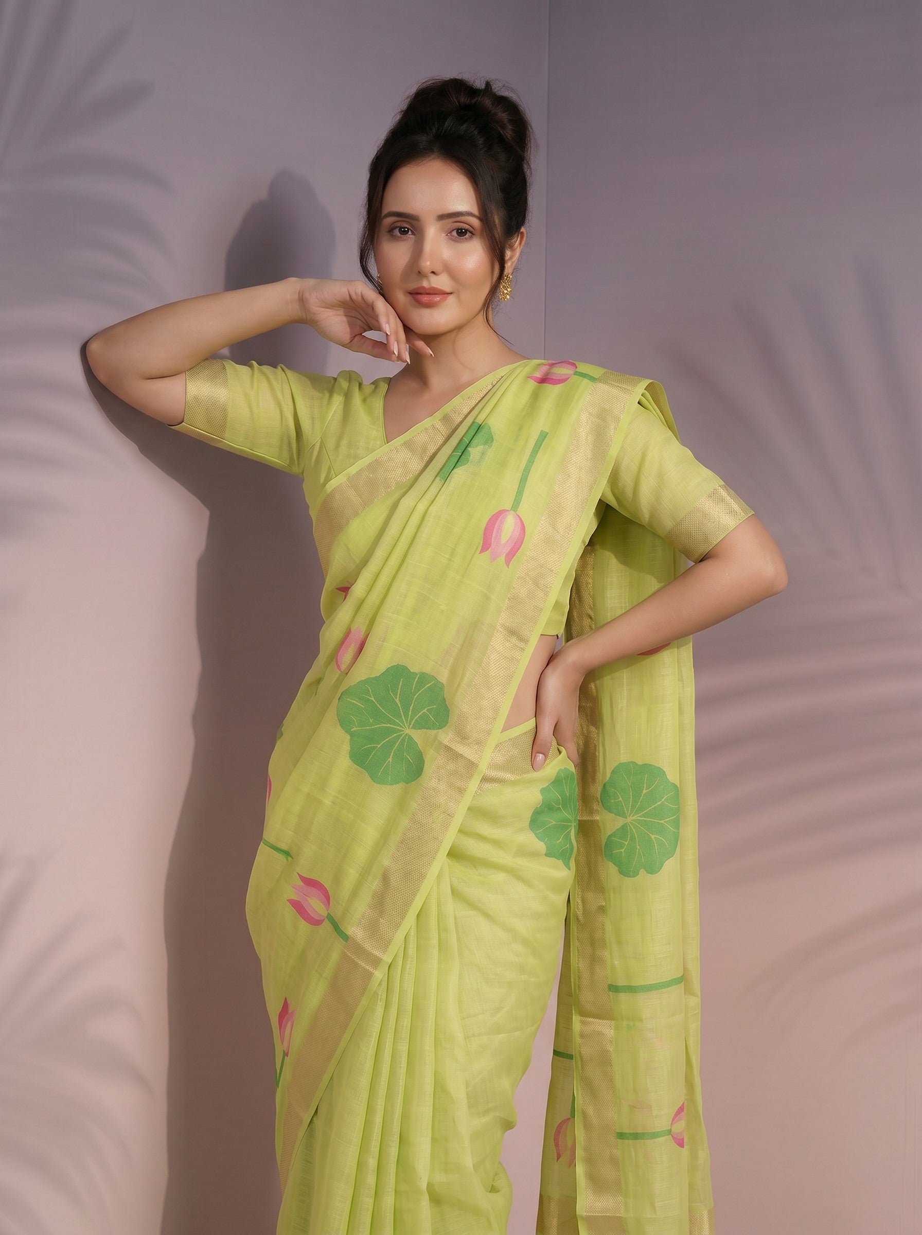 Pista Green Premium Soft Linen Cotton with Lotus &amp; Leafs Pattern Saree