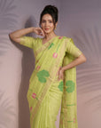 Pista Green Premium Soft Linen Cotton with Lotus & Leafs Pattern Saree