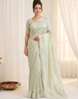 Pista Green Soft Raspberry Crush Silk Saree with Chikankari Work