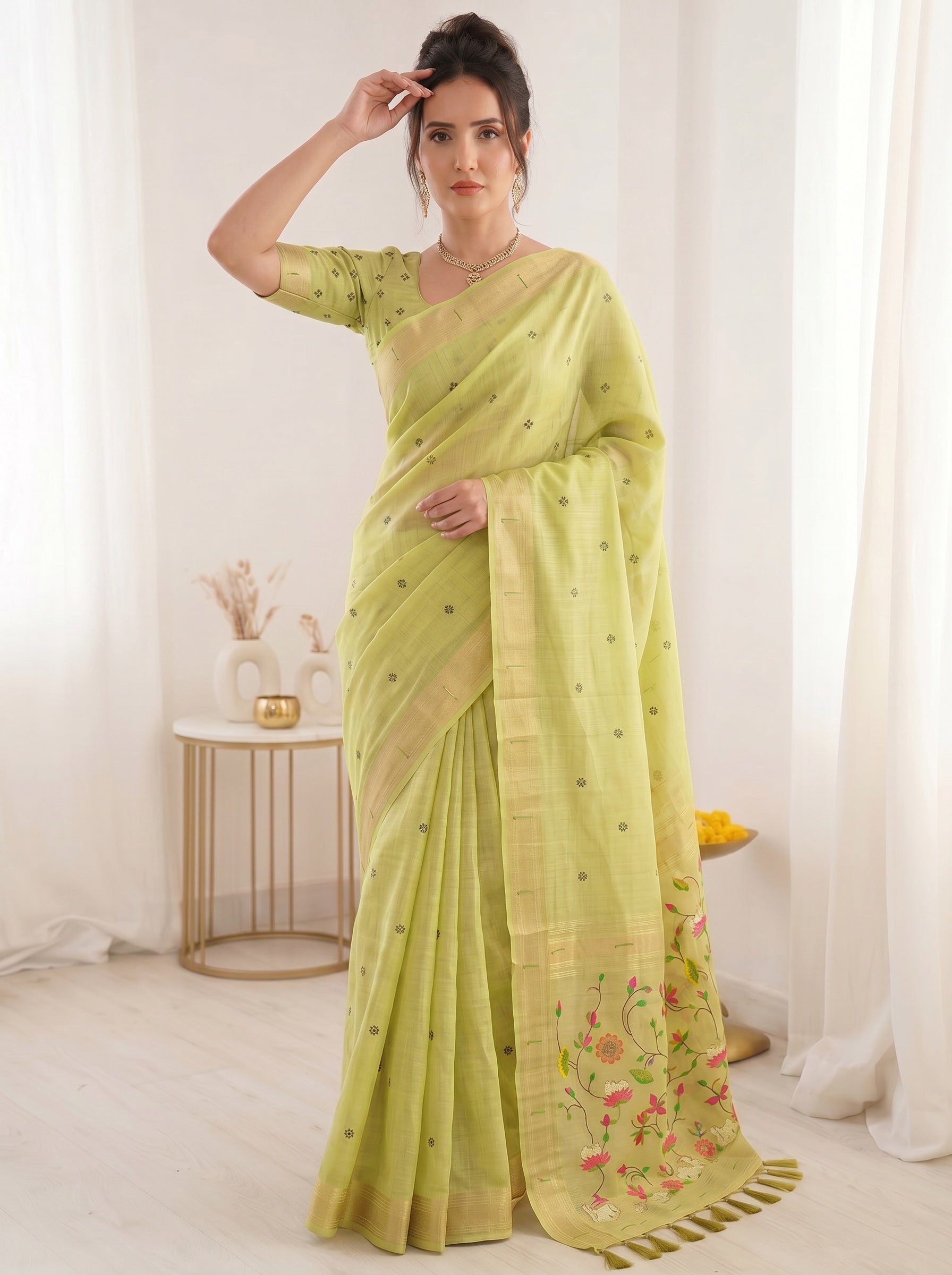 Pista Green Soft Linen Cotton Paithani Saree with Meenakari Pichwai Lotus Pallu