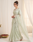 Pista Green Soft Raspberry Crush Silk Saree with Chikankari Work