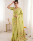 Pista Green Soft Linen Cotton Paithani Saree with Meenakari Pichwai Lotus Pallu