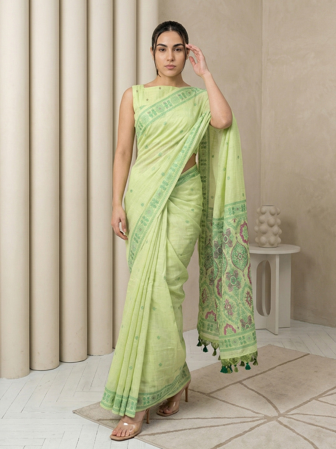 Pista Green Soft Muga Cotton with Handblock Kalamakri Pattern Saree