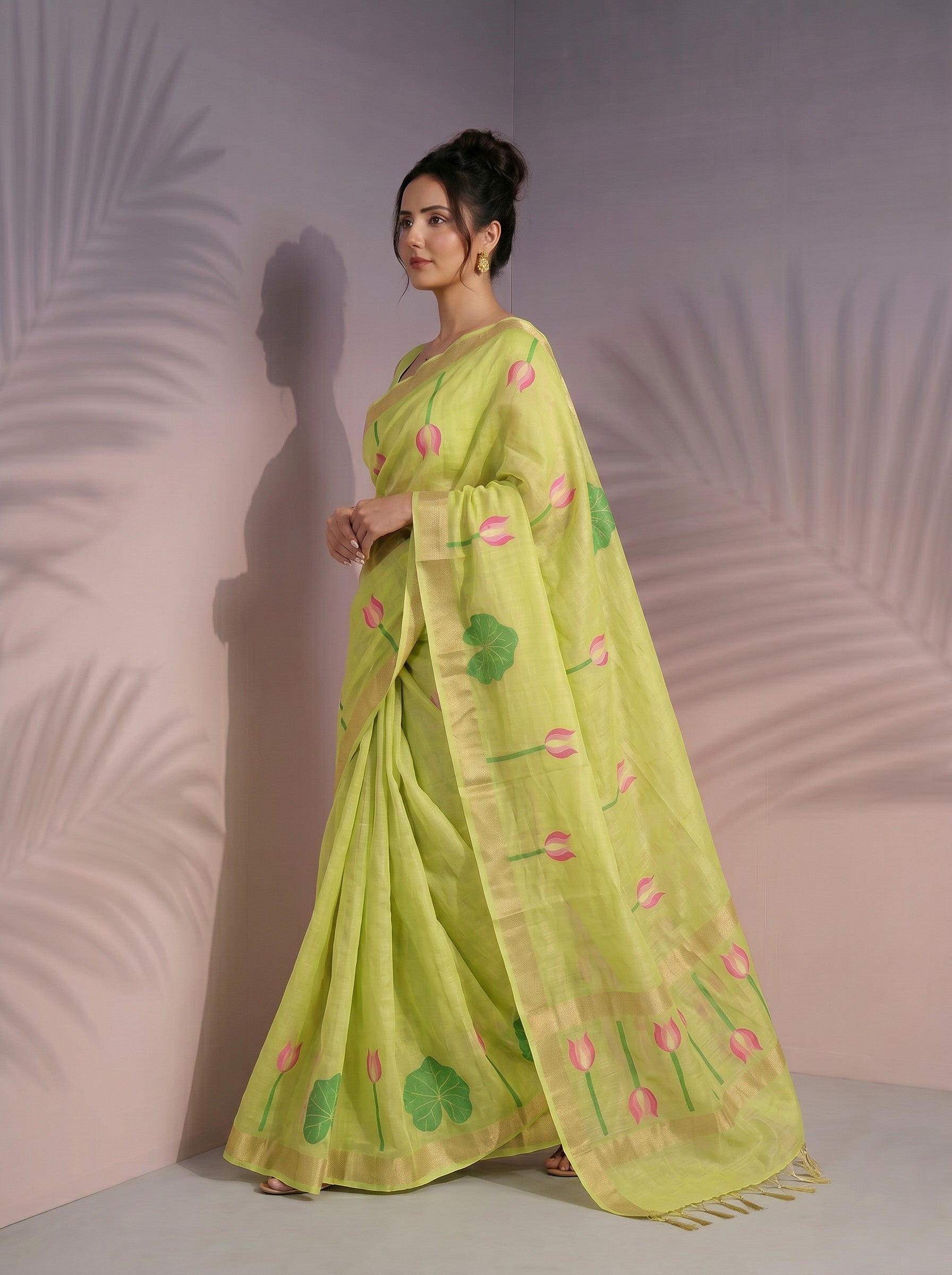 Pista Green Premium Soft Linen Cotton with Lotus &amp; Leafs Pattern Saree