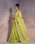 Pista Green Premium Soft Linen Cotton with Lotus & Leafs Pattern Saree