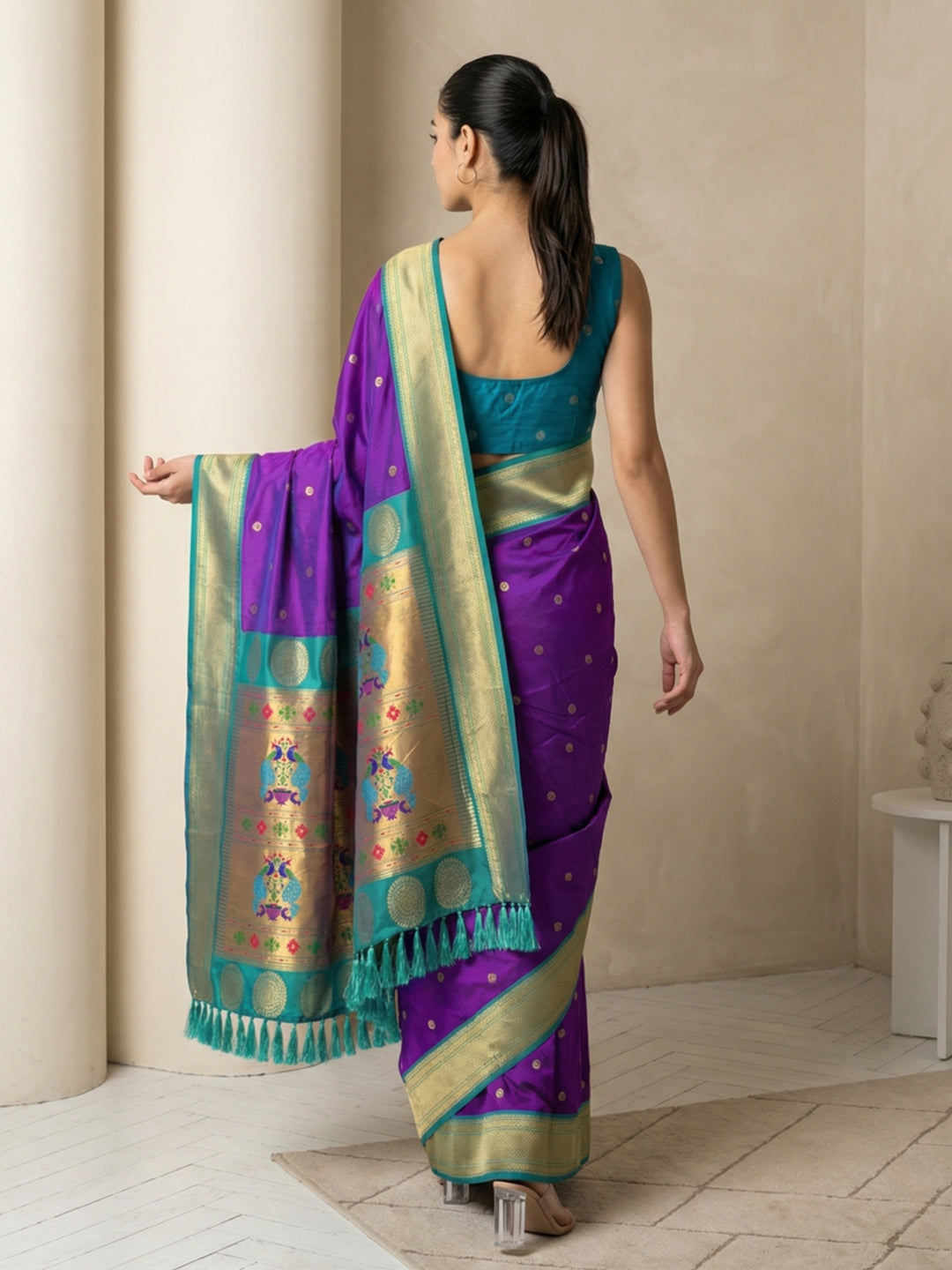 Purple Soft Paithani Silk Zari Woven Saree with Peacock Pallu