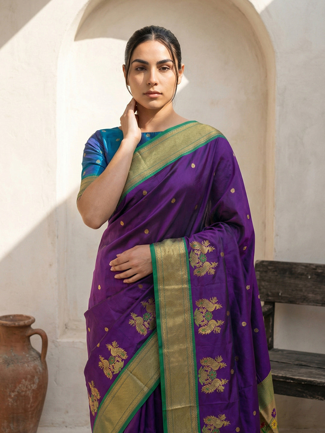 Purple Soft Traditional Paithani Silk Zari Woven Peacock Pattern Saree