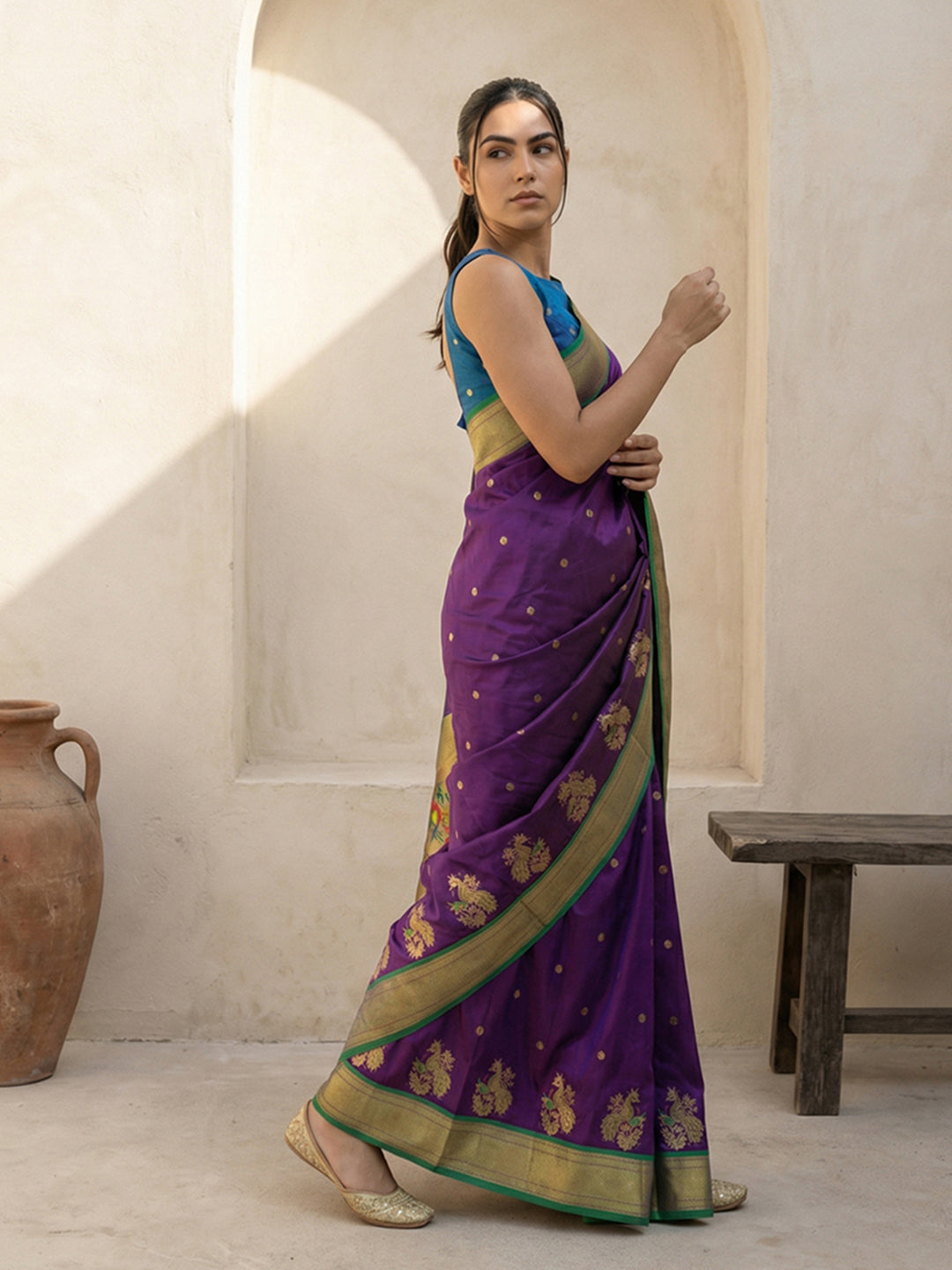 Purple Soft Traditional Paithani Silk Zari Woven Peacock Pattern Saree