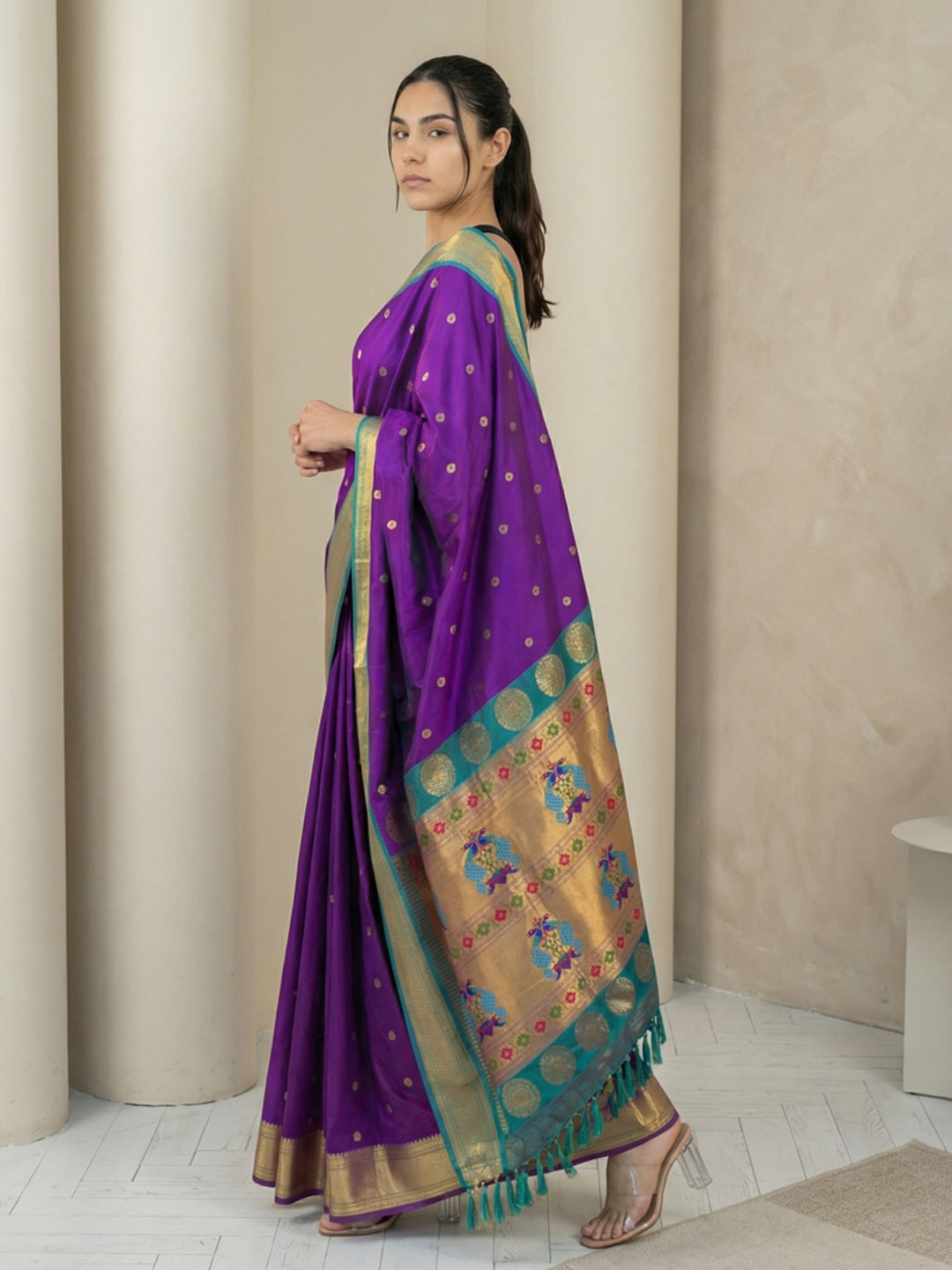 Purple Soft Paithani Silk Zari Woven Saree with Peacock Pallu