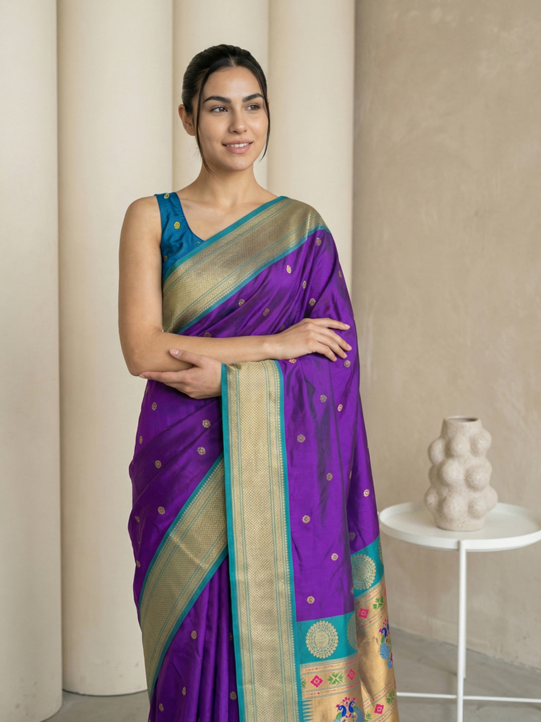Purple Soft Paithani Silk Zari Woven Saree with Peacock Pallu