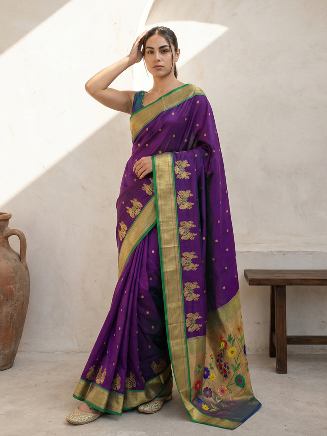 Purple Soft Traditional Paithani Silk Zari Woven Peacock Pattern Saree