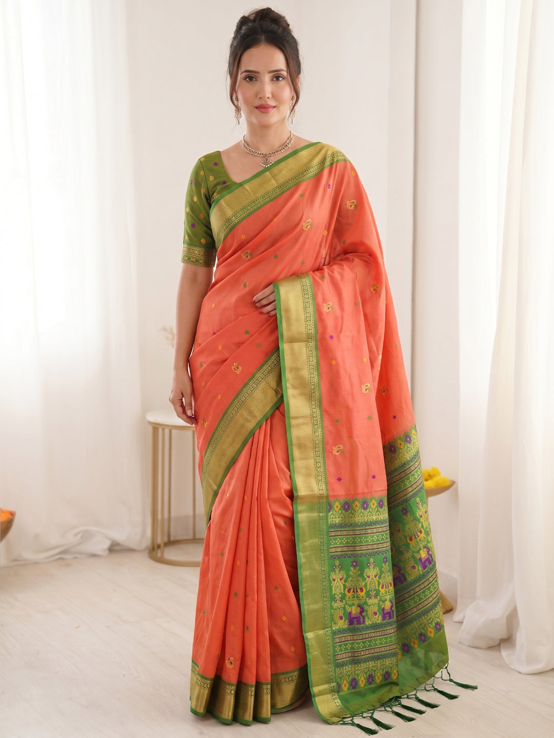 Peach Traditional Soft Silk Saree with Floral &amp; Peacock Pattern Saree