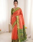 Peach Traditional Soft Silk Saree with Floral & Peacock Pattern Saree